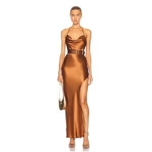 NICHOLAS Lucinda Halter Cowl Neck Gown in Hazelnut‎